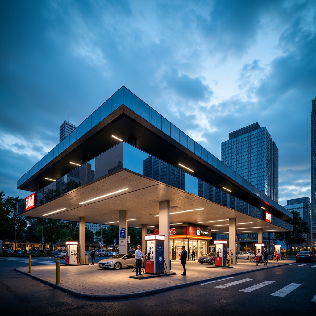 Prompt: Streamlined modern gas station, futuristic facade design, angular metallic surfaces, neon-lit signage, dynamic LED lights, sleek fuel pumps, minimalist architecture, cantilevered canopies, polished concrete floors, high-gloss paint finishes, aerodynamic shapes, wind-swept curves, urban cityscape, busy street intersection, cloudy blue sky, dramatic shadows, low-angle shot, cinematic lighting, 1/2 composition, atmospheric depth of field.