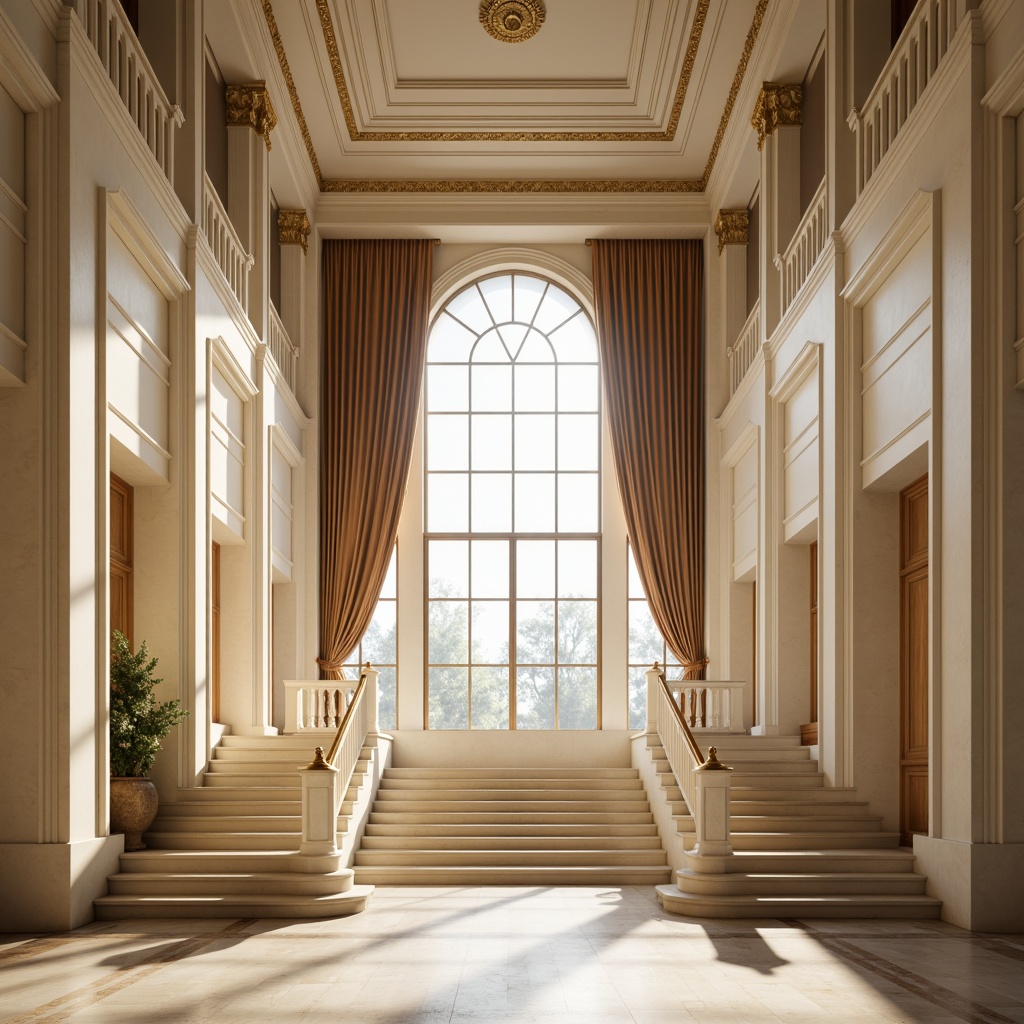 Prompt: Elegant neoclassical facade, symmetrical columns, ornate details, grand entrance, sweeping staircases, high ceilings, large windows, floor-to-ceiling curtains, cream-colored walls, polished marble floors, subtle moldings, soft natural light, warm afternoon sunbeams, gentle shadows, 1/2 composition, shallow depth of field, realistic textures, ambient occlusion.