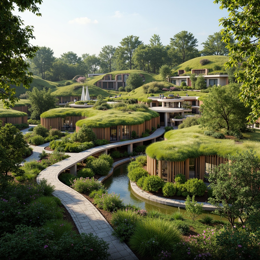 Prompt: Vibrant green roofs, lush vegetation, winding walkways, eco-friendly buildings, metabolism-inspired architecture, futuristic curves, flowing lines, organic forms, sustainable energy systems, solar panels, wind turbines, water conservation facilities, shaded outdoor spaces, misting systems, natural stone walls, wooden accents, panoramic views, shallow depth of field, 3/4 composition, realistic textures, ambient occlusion, serene atmosphere, soft warm lighting.