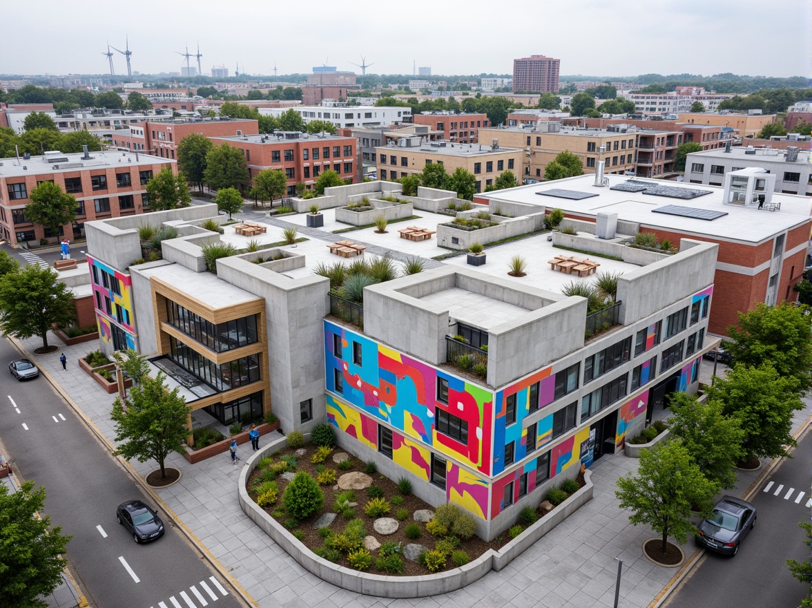 Prompt: Vibrant community center, brutalist architecture, rugged concrete facade, angular geometric shapes, bold colorful murals, urban graffiti, eclectic mixed-use development, bustling streetscape, lively public plaza, modern street furniture, pedestrian-friendly walkways, green roofs, solar panels, wind turbines, sustainable energy solutions, vibrant urban textures, shallow depth of field, 3/4 composition, realistic ambient occlusion.