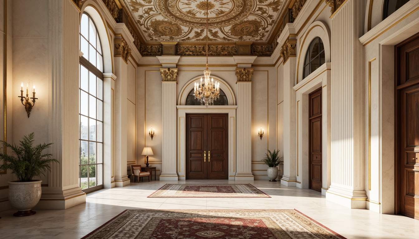 Prompt: Grand neoclassical facade, ornate stone carvings, symmetrical composition, high ceilings, large windows, arched doorways, elegant columns, refined stucco walls, soft warm light, diffused natural illumination, indirect sunlight, subtle shadows, creamy white marble floors, intricately patterned rugs, lavish chandeliers, polished bronze hardware, 1/1 composition, shallow depth of field, realistic textures, ambient occlusion.