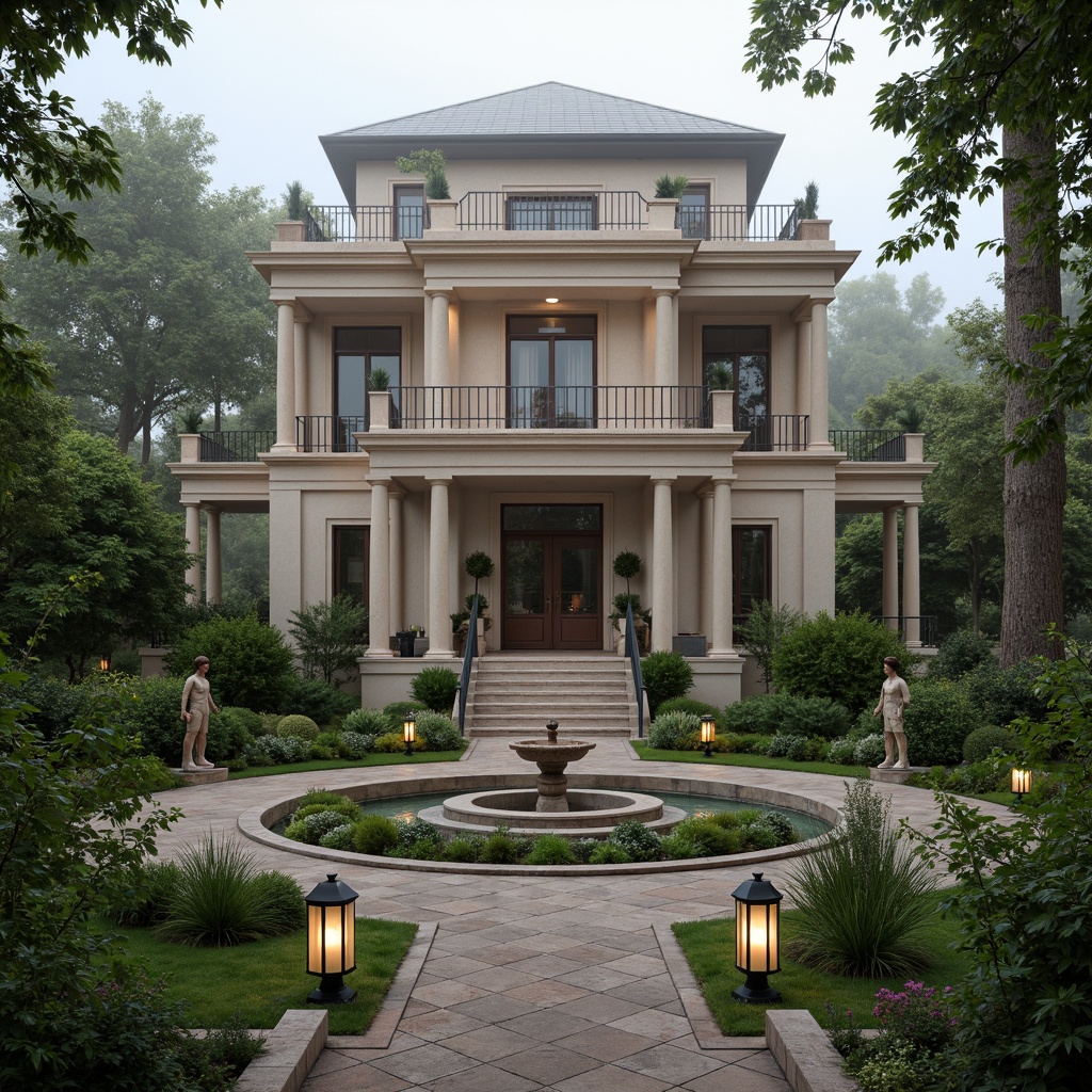 Prompt: Grandiose neoclassical villa, lush greenery, majestic fountains, ornate statues, symmetrical gardens, walking paths, lanterns, rustic stone walls, classical columns, grand staircases, intricate ironwork, ornamental gates, serene lakeside, misty morning, soft warm lighting, atmospheric perspective, 1/2 composition, realistic textures, ambient occlusion.