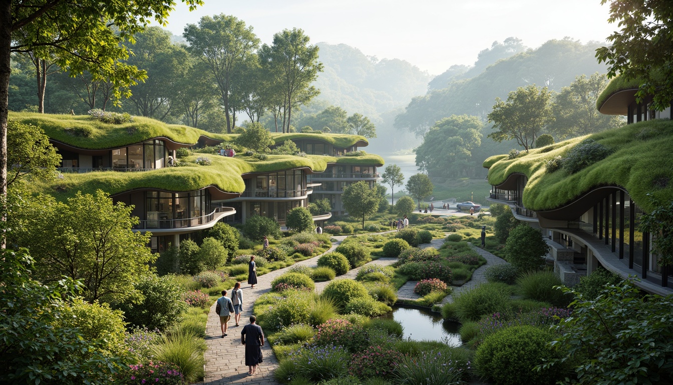 Prompt: Vibrant green roofs, lush vegetation, organic curves, bioluminescent accents, futuristic metabolism-inspired buildings, undulating walls, wavy lines, flowing water features, misty atmosphere, soft natural lighting, shallow depth of field, 1/1 composition, panoramic view, realistic textures, ambient occlusion, sustainable energy harvesting systems, eco-friendly materials, innovative climate control technologies, shaded outdoor spaces, natural stone pathways, serene forest surroundings, blooming flowers, sunny day.