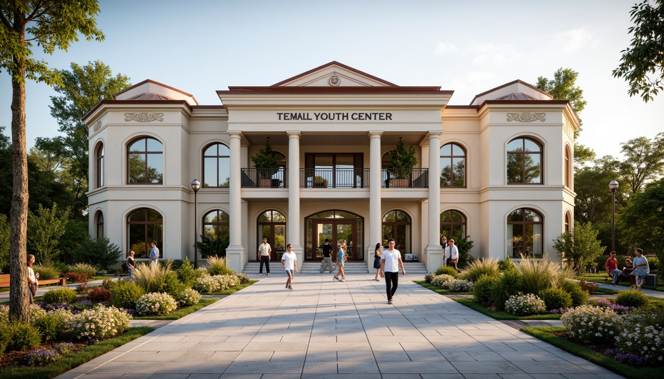 Prompt: Neoclassical youth center facade, grand entrance, ornate columns, symmetrical architecture, elegant arches, intricate moldings, neutral color palette, beige stone walls, white marble accents, copper roofing, lantern-style lighting, lush greenery, blooming flowers, vibrant outdoor spaces, natural stone pathways, modern amenities, sleek signage, warm afternoon sunlight, soft diffused lighting, shallow depth of field, 1/1 composition, realistic textures, ambient occlusion.