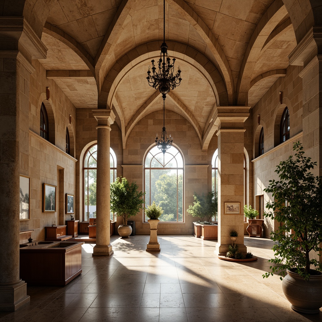 Prompt: Grandiose archways, ornate columns, rustic stone textures, warm beige tones, intricate carvings, vaulted ceilings, grand chandeliers, polished marble floors, ornamental fountains, lush greenery, natural light pouring in, soft warm lighting, shallow depth of field, 3/4 composition, panoramic view, realistic textures, ambient occlusion, Romanesque architecture, historic exhibition centers, cultural heritage displays, educational interactive exhibits, multimedia presentations, immersive experiences, artifact showcases, ancient relics, mysterious ambiance.