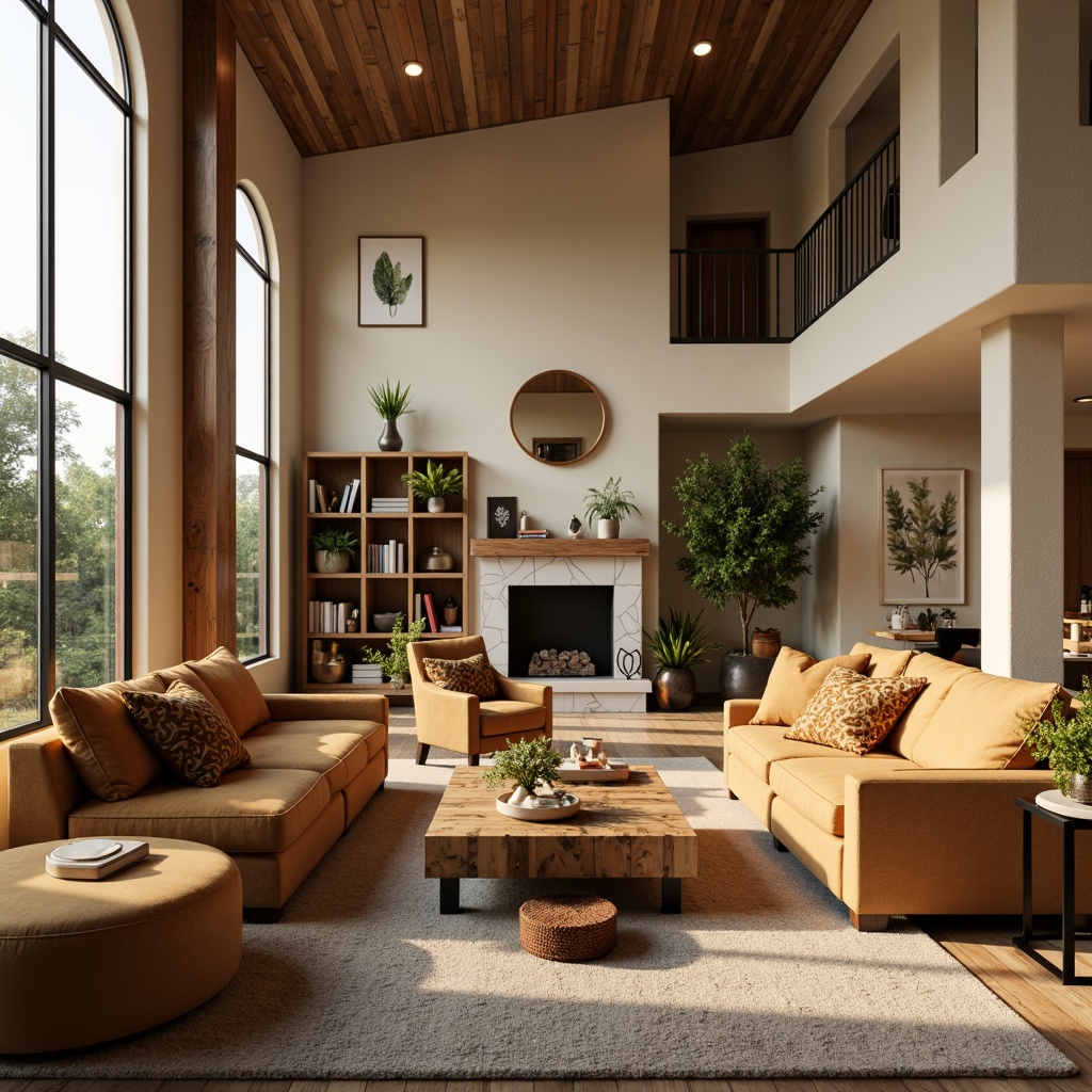 Prompt: Cozy living room, warm beige walls, plush velvet sofas, rustic wooden coffee tables, soft golden lighting, comfortable throw pillows, vibrant greenery, modern minimalist decor, elegant marble fireplaces, spacious open-plan layout, high ceilings, large windows, natural textiles, warm earthy tones, relaxing ambiance, soft background music, 1/1 composition, shallow depth of field, warm color palette.