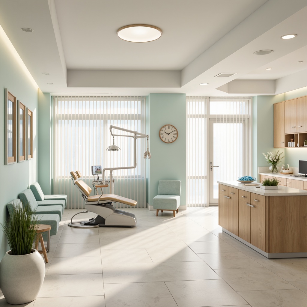 Prompt: Calming dental clinic interior, soothing pastel colors, creamy whites, gentle blues, warm beige tones, natural wood accents, modern minimalist furniture, sterile stainless steel equipment, bright overhead lighting, subtle texture contrasts, 1/2 composition, shallow depth of field, realistic reflections, ambient occlusion.