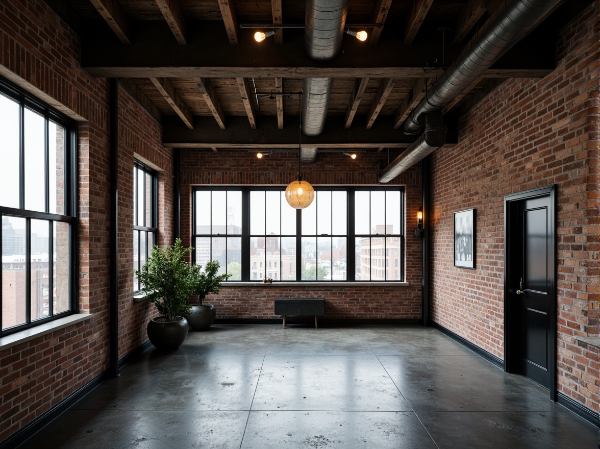 Prompt: Exposed brick walls, metal beams, reclaimed wood accents, industrial-style lighting fixtures, concrete floors, minimalist decor, functional pipes, urban cityscape views, gritty textured surfaces, distressed finishes, Edison bulbs, sleek steel frames, monochromatic color scheme, high ceilings, open-plan layout, brutalist architecture, raw materials, functional simplicity, moody atmospheric lighting, dramatic shadows, 3/4 composition, cinematic perspective, realistic reflections.