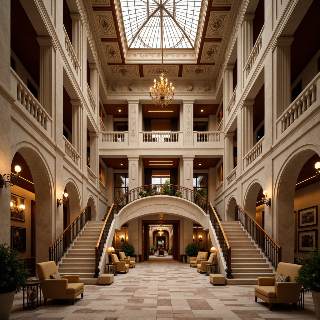 Prompt: Grandiose neoclassical building, ornate columns, carved marble facades, symmetrical architecture, grand entrance, sweeping staircases, intricate moldings, high ceilings, chandeliers, crystal fixtures, rich wood paneling, luxurious upholstery, opulent furnishings, subtle color palette, soft golden lighting, shallow depth of field, 1/1 composition, frontal view, realistic textures, ambient occlusion.