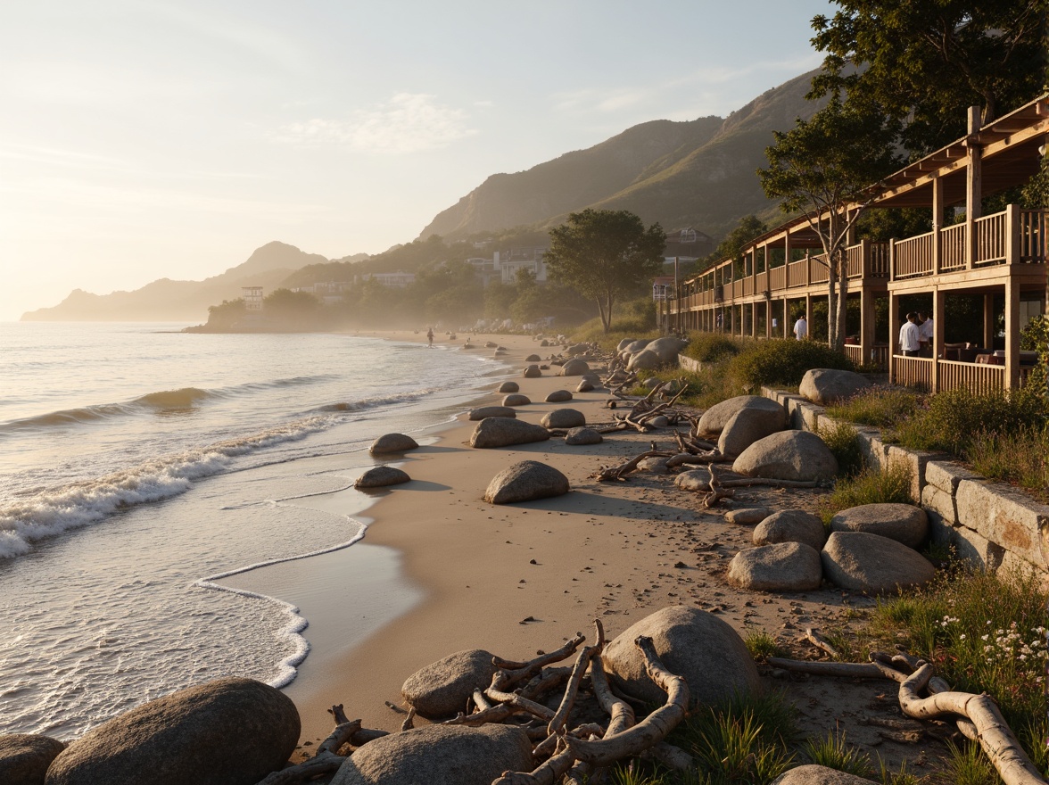 Prompt: Seaside ecosystem, gentle ocean waves, sandy beach shores, driftwood sculptures, salt-tolerant vegetation, weathered wooden docks, rustic coastal architecture, natural stone seawalls, misty mornings, soft golden lighting, shallow depth of field, 1/1 composition, panoramic view, realistic textures, ambient occlusion.