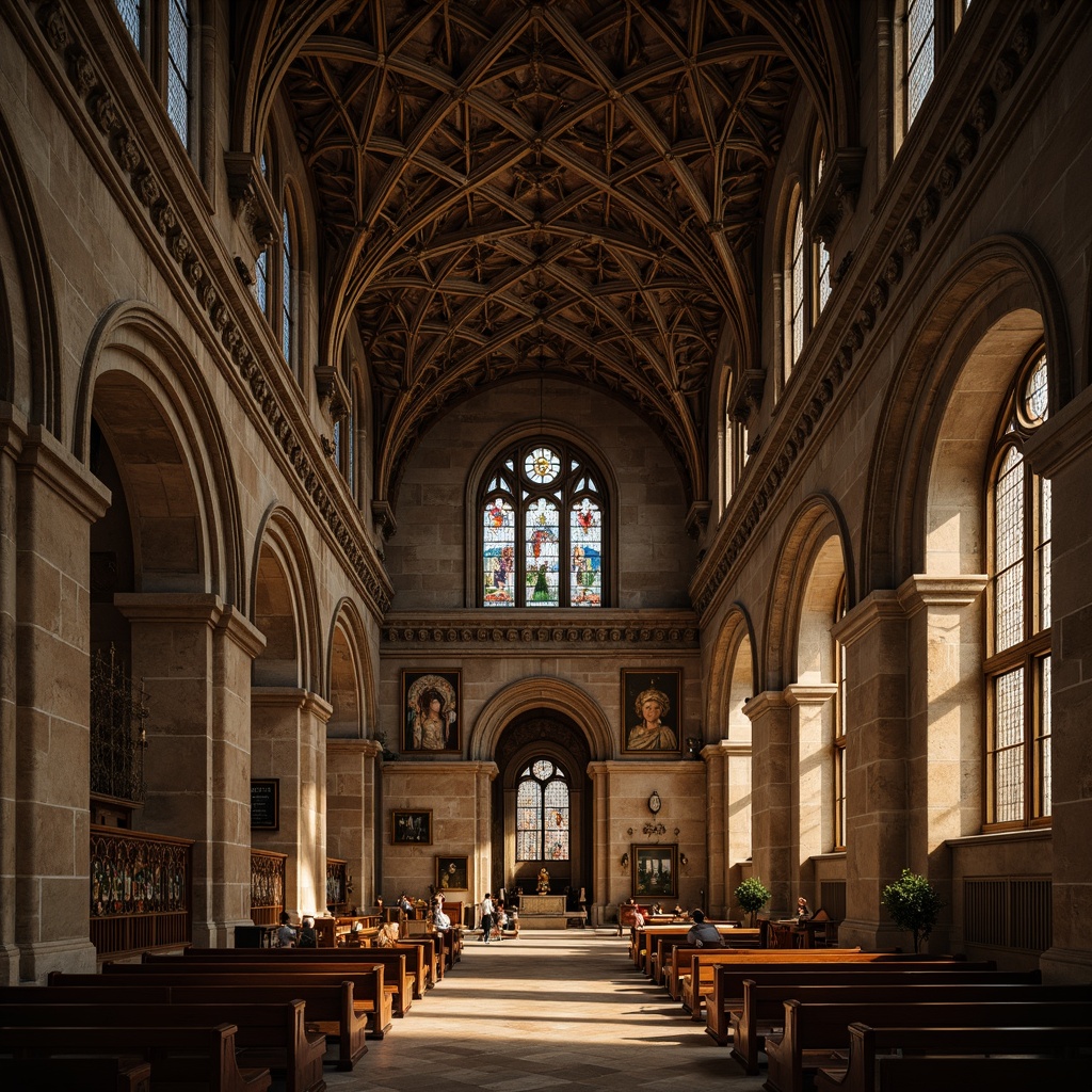 Prompt: Intricate stone carvings, grandiose vaulted ceilings, ribbed arches, stained glass windows, ornate pendants, sacred religious symbols, mystical ambiance, soft warm lighting, dramatic shadows, 3/4 composition, symmetrical framing, ornamental frescoes, medieval architecture, historic landmark, peaceful atmosphere, reverent mood, subtle color palette, realistic textures, ambient occlusion.