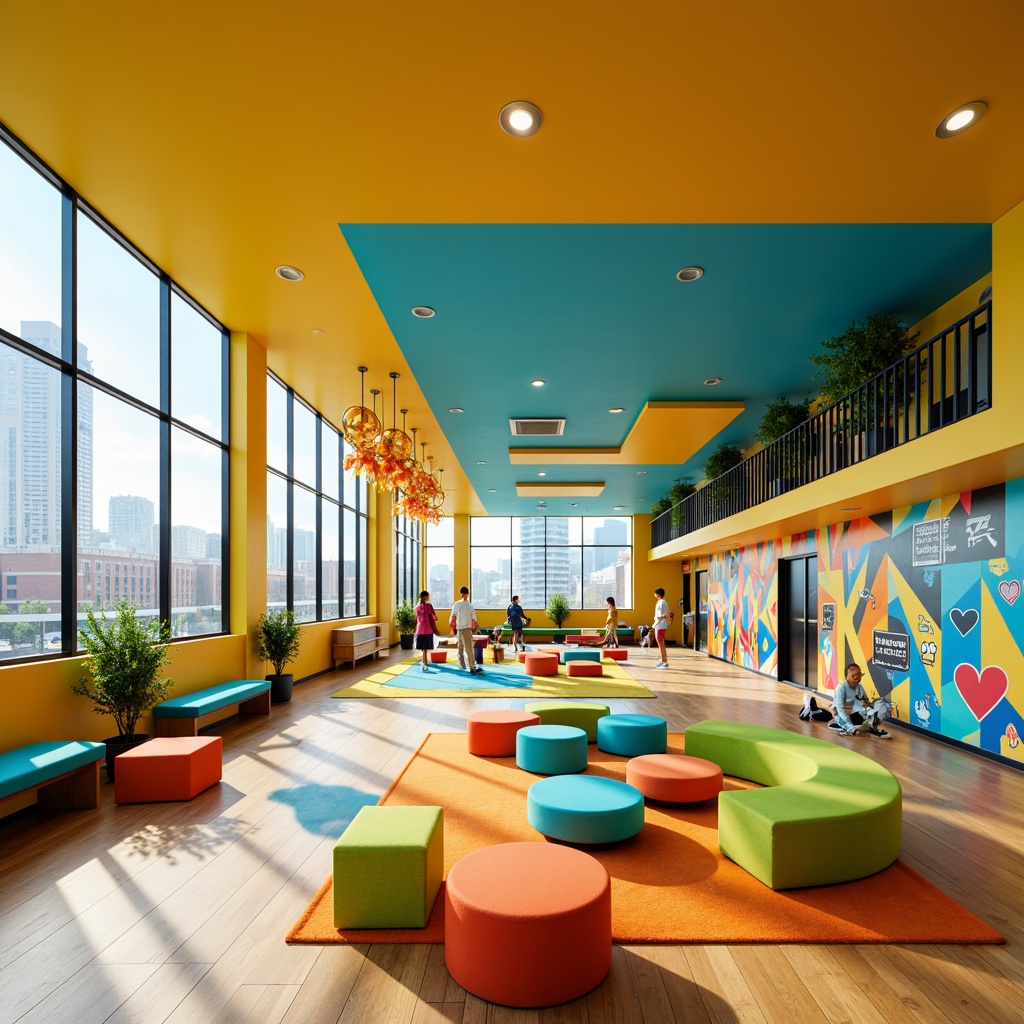 Prompt: Vibrant youth center, playful atmosphere, bright color scheme, energetic hues, warm yellow walls, sky blue accents, lime green furniture, bold orange decorations, fun patterns, abstract shapes, modern minimalist design, open floor plan, natural light, large windows, sliding glass doors, urban landscape views, bustling city streets, graffiti-inspired murals, eclectic textures, youthful energy, lively vibe, dynamic lighting, shallow depth of field, 2/3 composition, wide-angle lens, realistic rendering.