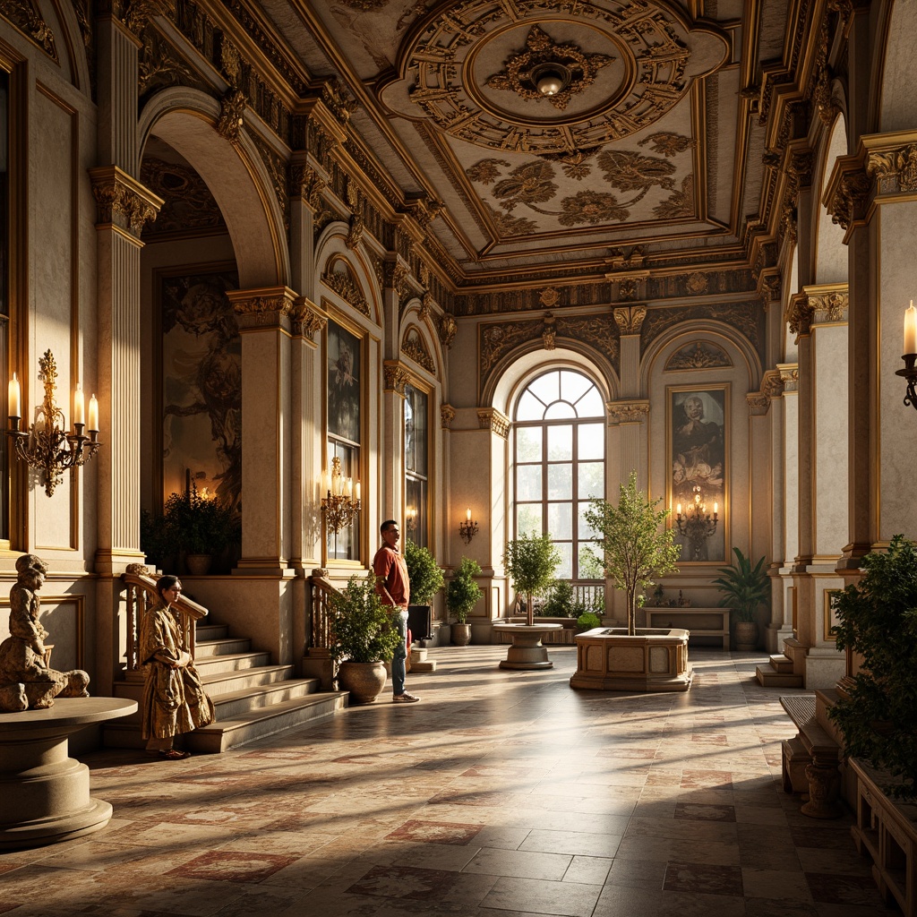 Prompt: Opulent baroque palace, intricately carved stone facades, ornate golden decorations, grandiose staircases, lavish fountains, richly textured marble floors, ornamental metalwork, gilded accents, dramatic archways, sweeping vaulted ceilings, abundant natural light, warm golden lighting, high-contrast shadows, atmospheric perspective, 1/2 composition, realistic renderings, detailed normal maps.