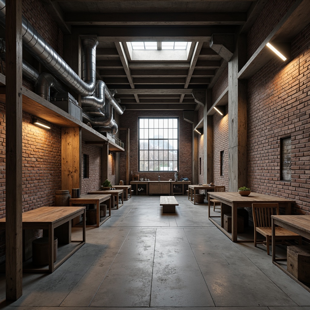 Prompt: Rustic factory setting, exposed brick walls, metallic pipes, reclaimed wood accents, industrial lighting fixtures, concrete floors, steel beams, minimalist aesthetic, functional design, brutalist architecture, urban landscape, overcast sky, diffused natural light, high contrast ratios, dramatic shadows, 1/1 composition, realistic textures, ambient occlusion.