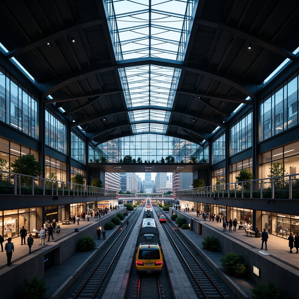 Prompt: Modern train station, cantilevered roofs, large glass facades, steel frames, minimalist design, sleek lines, functional simplicity, industrial materials, exposed ductwork, open floor plans, natural light pouring in, high ceilings, urban landscape, cityscape views, busy streets, pedestrian bridges, overhead walkways, neon signs, nighttime illumination, soft box lighting, shallow depth of field, 1/1 composition, realistic textures, ambient occlusion.