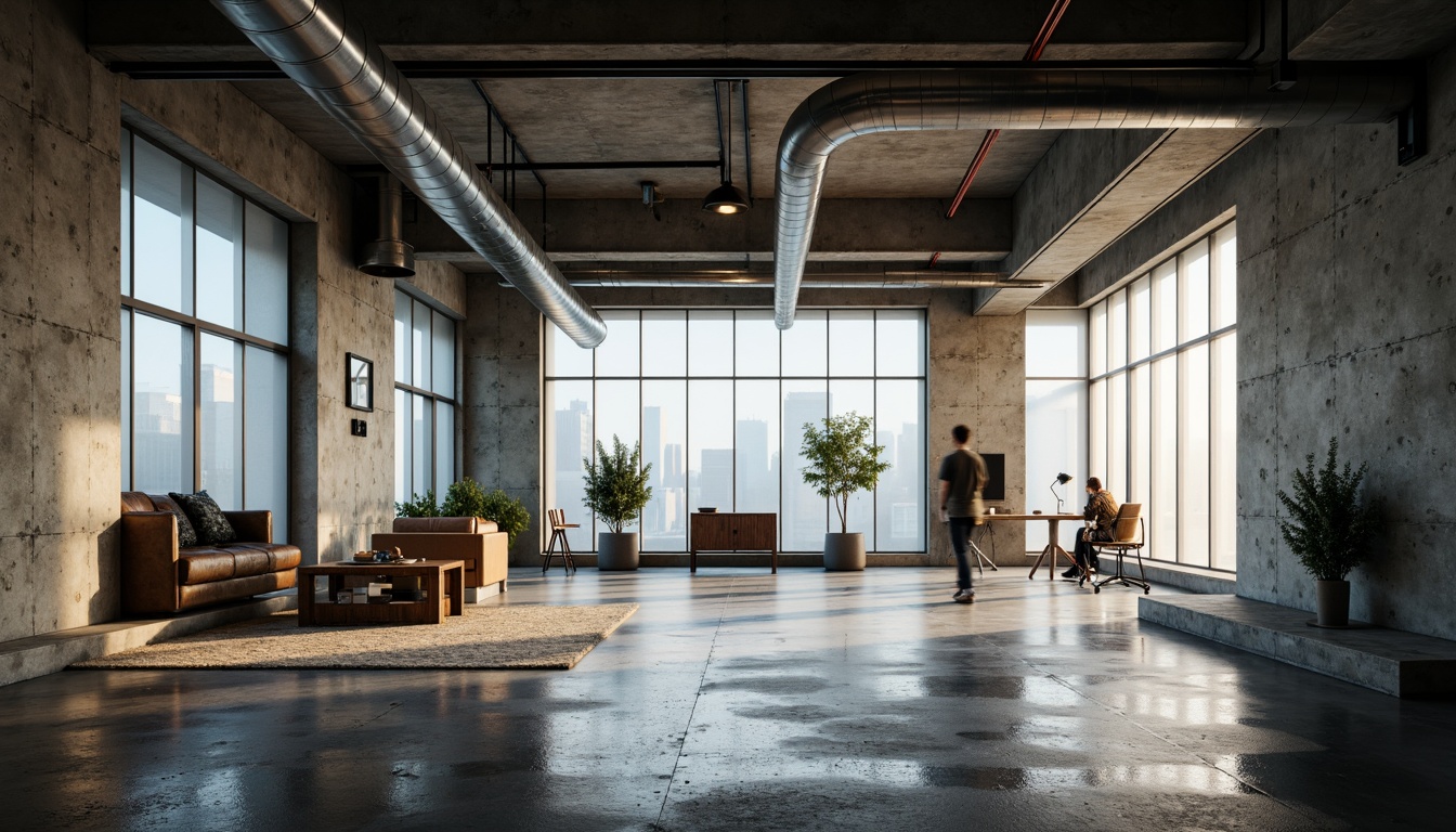 Prompt: Raw concrete walls, exposed ductwork, industrial pipes, brutalist architecture, polycarbonate cladding, translucent panels, diffused natural light, urban loft atmosphere, reclaimed wood accents, metal beams, functional minimalism, monochromatic color scheme, rough textured surfaces, atmospheric lighting, cinematic shading, 1/1 composition, dramatic low-angle shot, realistic reflections.