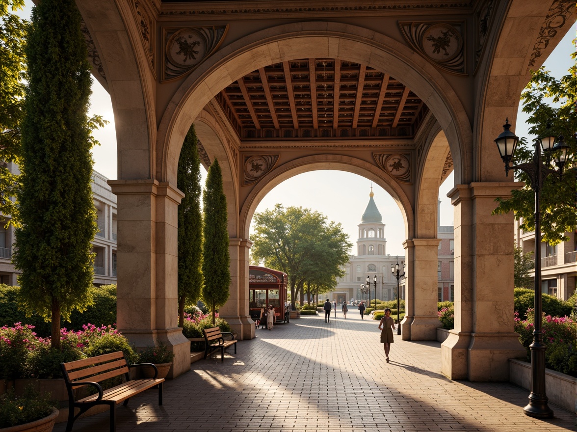 Prompt: Grand train station, Romanesque style architecture, ornate stone carvings, Gothic arches, vaulted ceilings, intricate stonework, lush greenery, vibrant flowers, historic lamp posts, classic benches, decorative ironwork, brick pavement, cobblestone streets, nostalgic atmosphere, warm golden lighting, soft focus, shallow depth of field, 1/2 composition, symmetrical framing, realistic textures, ambient occlusion.