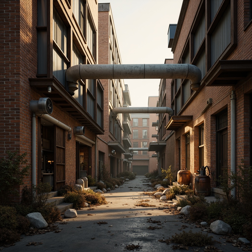 Prompt: Rustic industrial landscape, worn brick buildings, distressed metal exteriors, exposed ductwork, urban decay, abandoned factories, crumbling concrete walls, old machinery parts, vintage manufacturing equipment, reclaimed wood accents, steel beams, mechanical textures, atmospheric mist, warm golden lighting, shallow depth of field, 2/3 composition, gritty realistic render, subtle ambient occlusion.