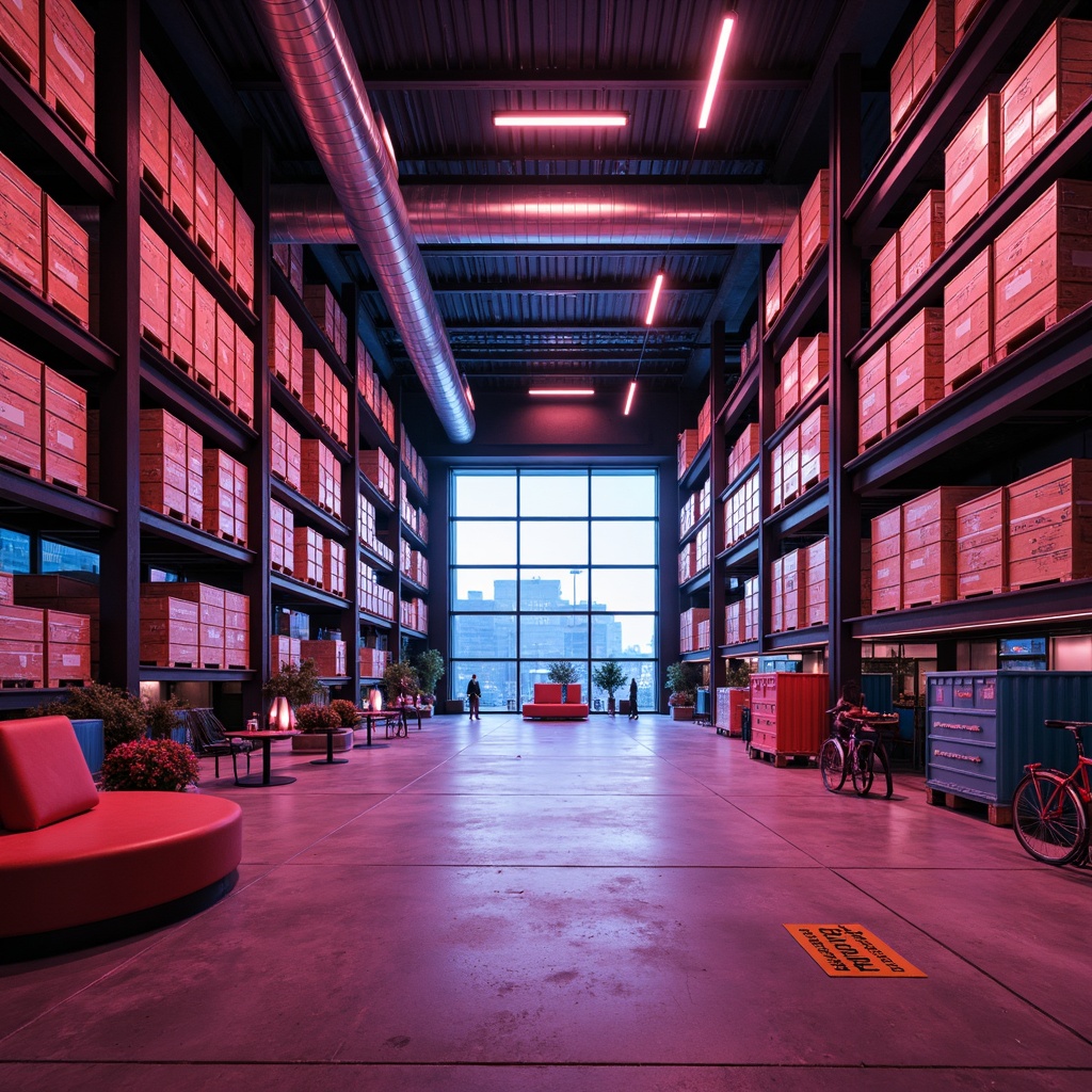 Prompt: Vibrant distribution center, fusion architecture, bold color palette, neon lights, sleek metal beams, polished concrete floors, exposed ductwork, modern industrial chic, urban landscape, cityscape views, morning mist, soft warm lighting, shallow depth of field, 3/4 composition, panoramic view, realistic textures, ambient occlusion.