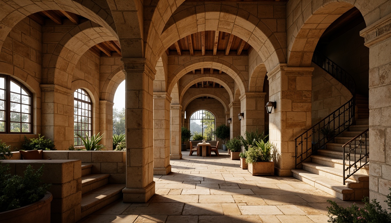 Prompt: Rustic stone arches, medieval-inspired housing design, Romanesque architecture, earthy color palette, rough-hewn stones, ornate carvings, grand entranceways, sweeping staircases, vaulted ceilings, stained glass windows, warm golden lighting, soft focus, 1/1 composition, symmetrical framing, historic texture overlays, ambient occlusion.Let me know if this meets your requirements!