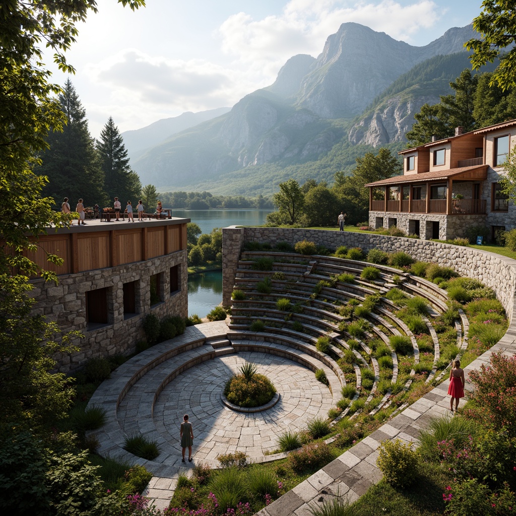 Prompt: Mountainous amphitheater, eclectic architecture, rugged stone walls, verdant green roofs, vibrant flower arrangements, natural wood accents, meandering pathways, cascading water features, scenic lookout points, majestic mountain views, warm golden lighting, shallow depth of field, 1/2 composition, symmetrical balance, realistic textures, ambient occlusion.