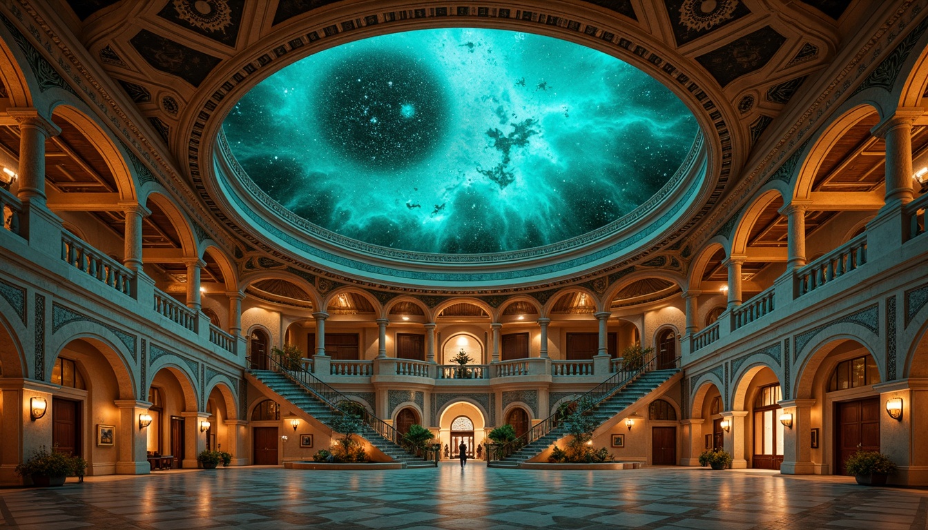 Prompt: Dome-shaped planetarium, Romanesque arches, ornate stone carvings, vibrant turquoise dome interior, starry night sky projections, celestial body displays, intricate mosaic patterns, golden accents, grand entranceways, sweeping staircases, polished marble floors, majestic columns, rustic stone walls, ambient soft lighting, warm color tones, shallow depth of field, 1/2 composition, symmetrical framing, realistic textures, atmospheric fog effects.