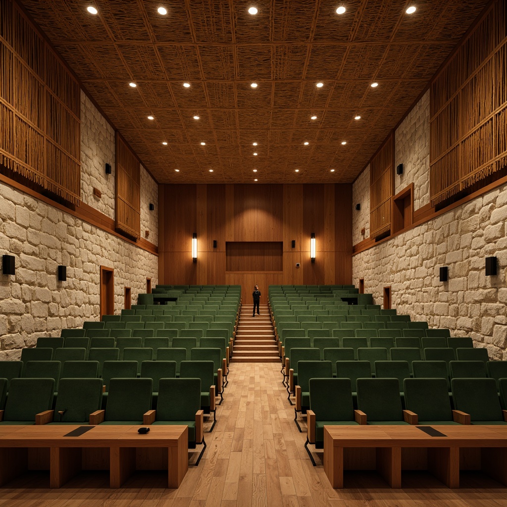 Prompt: Elegant auditorium interior, natural stone walls, reclaimed wood accents, woven bamboo ceilings, plush green velvet seats, wooden flooring, organic curves, minimal ornamentation, earthy color palette, soft warm lighting, subtle shadows, 1/1 composition, cinematic perspective, realistic textures, ambient occlusion.