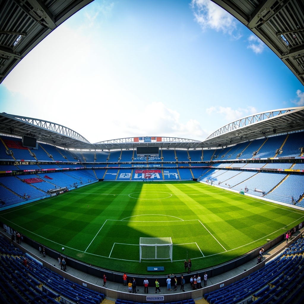 Prompt: Powder blue soccer stadium, serene atmosphere, lush green grass, bright white goalposts, vibrant team colors, modern architecture, cantilevered roofs, sleek metal beams, transparent glass facades, spacious concourses, comfortable seating areas, dynamic LED lighting, shallow depth of field, 3/4 composition, panoramic view, realistic textures, ambient occlusion.