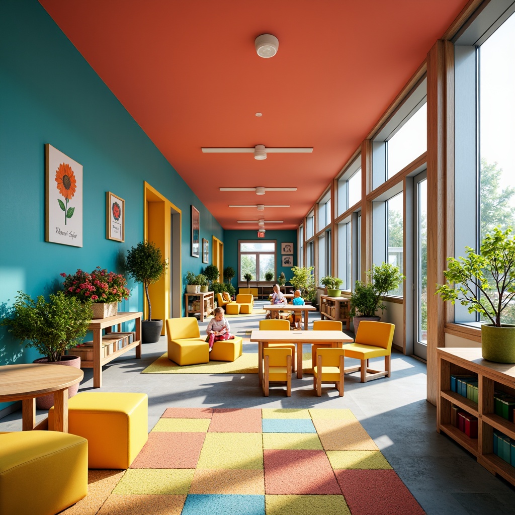 Prompt: Vibrant elementary school, playful kindergarten classroom, bright coral walls, turquoise blue accents, sunny yellow furniture, greenery-filled planters, colorful rug patterns, educational posters, modern wooden desks, ergonomic chairs, natural light pouring, large windows, sliding glass doors, blooming flower pots, lively atmosphere, warm soft lighting, shallow depth of field, 3/4 composition, panoramic view, realistic textures, ambient occlusion.