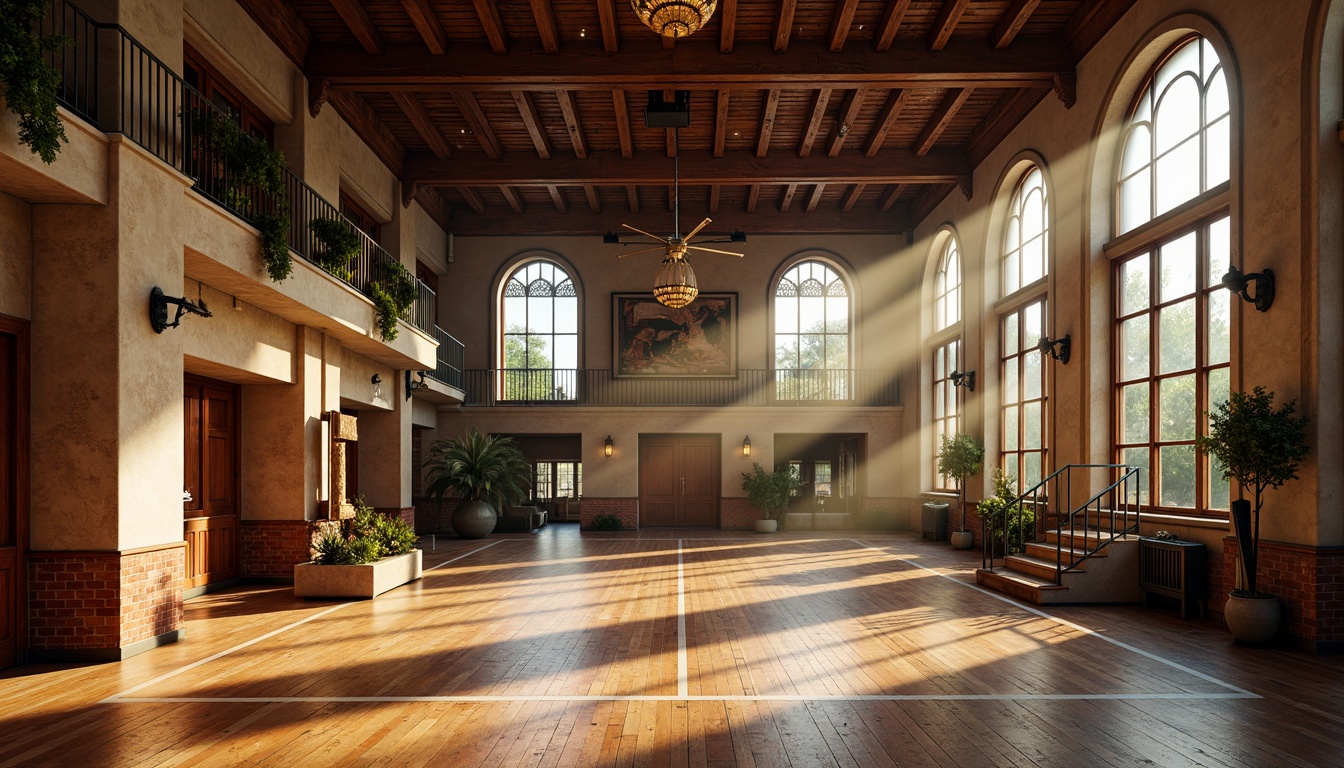 Prompt: Renaissance-style gymnasium, ornate wooden paneling, rich walnut flooring, vintage athletic equipment, distressed brick walls, grand chandeliers, warm golden lighting, soft diffused shadows, 1/2 composition, symmetrical framing, classic European-inspired architecture, terracotta roof tiles, ivy-covered facades, lush greenery, natural stone columns, elegant archways, subtle color palette, earthy tones, muted pastels, deep crimson accents, creamy whites, weathered wood textures, atmospheric misting.