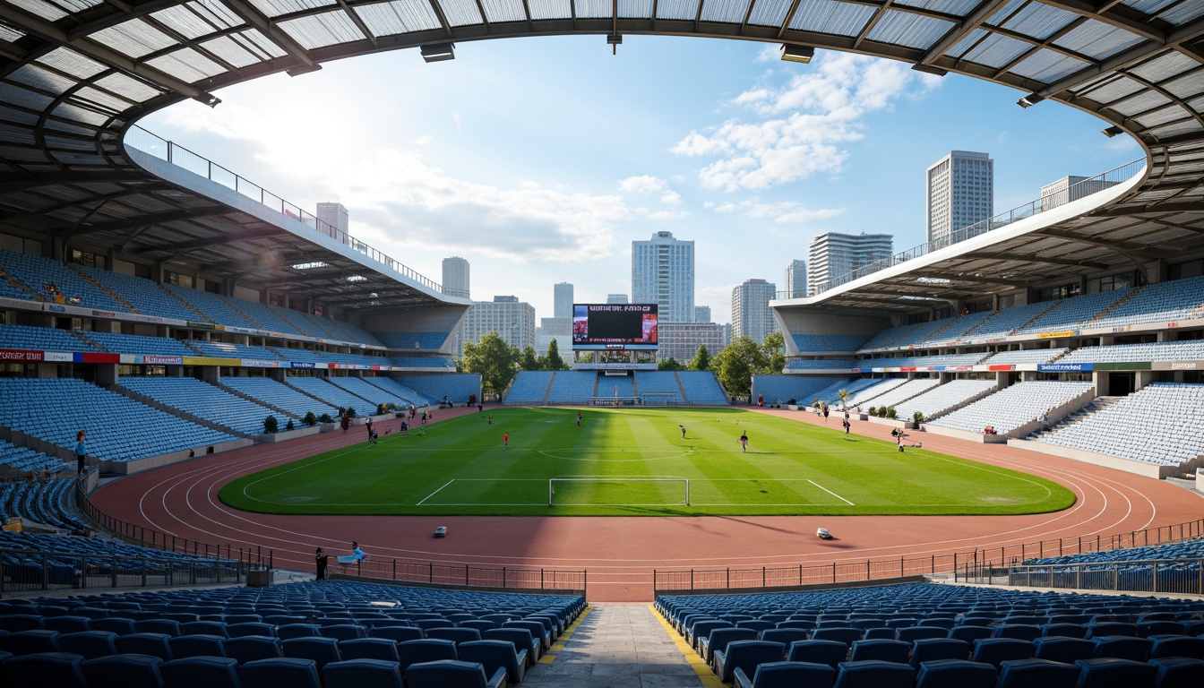 Prompt: Powder blue soccer stadium, lush green grass, vibrant yellow goalposts, sleek metal bleachers, modern architecture, large LED screens, soft warm lighting, shallow depth of field, 3/4 composition, panoramic view, realistic textures, ambient occlusion, afternoon sunbeams, wispy white clouds, urban cityscape, concrete walkways, steel railings, sports-themed signage, athletic track lanes.