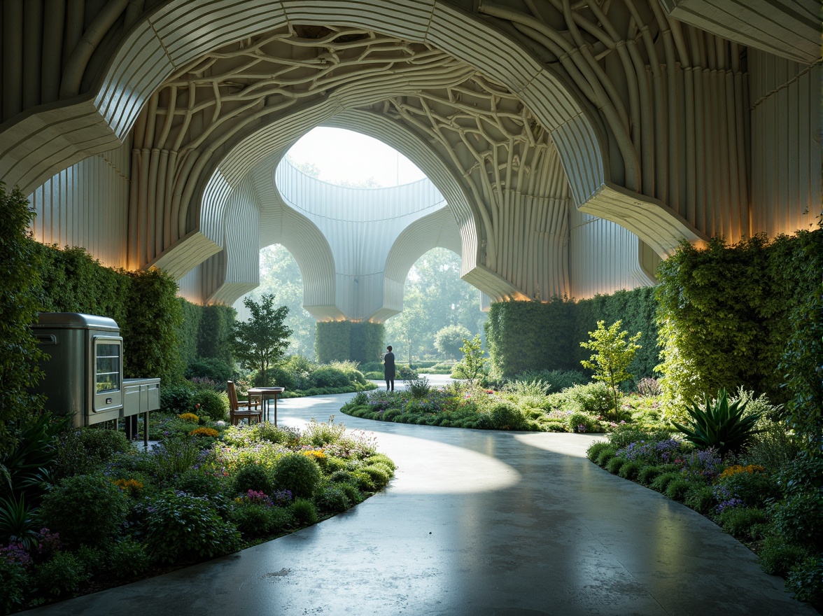 Prompt: Organic laboratory, futuristic biomimicry architecture, undulating curves, petal-like structures, iridescent materials, soft glowing lighting, misty atmosphere, lush green walls, living trees, tendrils, DNA-inspired columns, microorganism-patterned floors, sustainable energy harvesting systems, bioluminescent accents, natural ventilation systems, 3D-printed organic forms, futuristic laboratory equipment, sleek metal surfaces, minimalistic design, shallow depth of field, panoramic view, realistic textures, ambient occlusion.