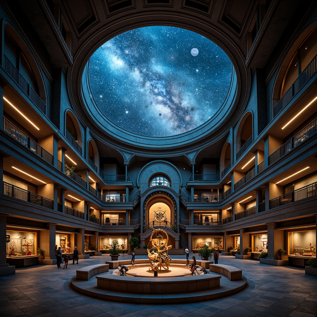 Prompt: Dome-shaped planetarium, Romanesque arches, ornate columns, grand entrance, starry night sky projection, celestial bodies display, astronomy exhibits, interactive displays, circular seating arrangement, dark blue walls, golden accents, warm soft lighting, shallow depth of field, 1/1 composition, symmetrical view, realistic textures, ambient occlusion, mysterious atmosphere, educational signage, ancient astronomical instruments.