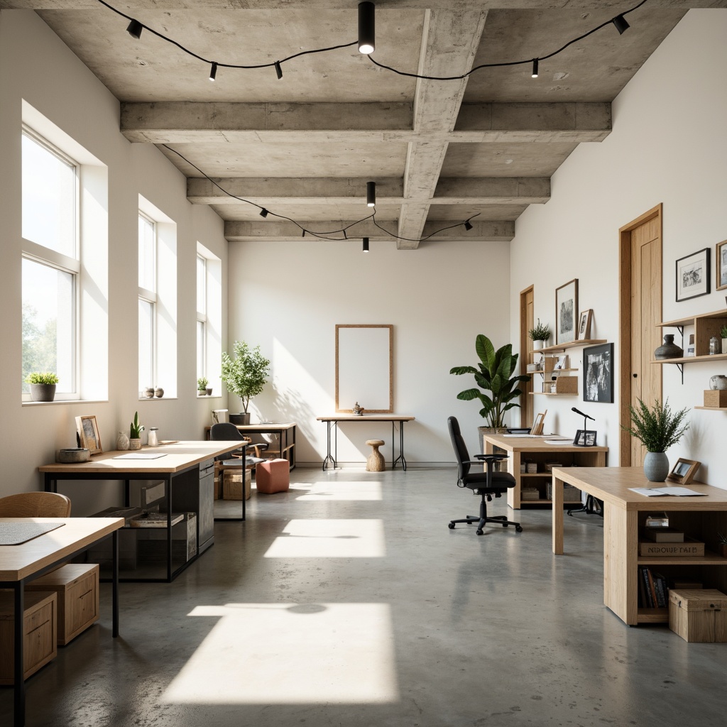 Prompt: Monochromatic workshop interior, sleek minimalist decor, neutral color palette, soft cream walls, polished concrete floors, industrial metal tables, ergonomic chairs, natural wood accents, abundant daylight, softbox lighting, shallow depth of field, 1/1 composition, realistic textures, ambient occlusion.