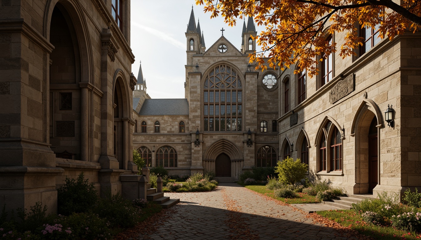 Prompt: Ancient stone structures, ornate Gothic cathedrals, sturdy castle walls, robust flying buttresses, ribbed vaults, pointed arches, grandiose entranceways, intricate carvings, weathered limestone, moss-covered facades, warm golden lighting, dramatic shadows, 3/4 composition, low-angle shot, realistic textures, ambient occlusion.