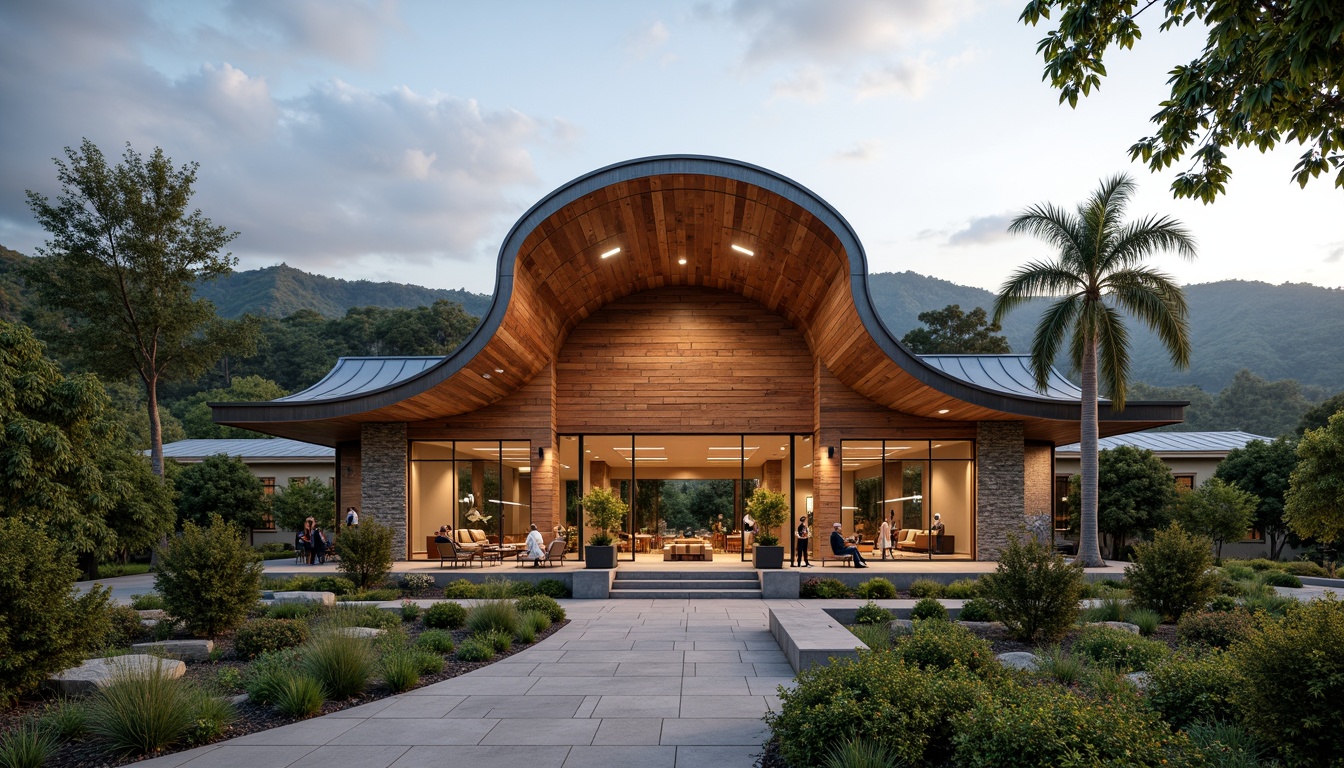 Prompt: Rustic winery facade, curved wooden beams, natural stone walls, vineyard surroundings, lush greenery, rolling hills, scenic countryside views, modern fusion architecture, sleek metal accents, minimalist design, large glass windows, sliding doors, warm cozy lighting, soft ambient glow, shallow depth of field, 1/1 composition, panoramic view, realistic textures, ambient occlusion.