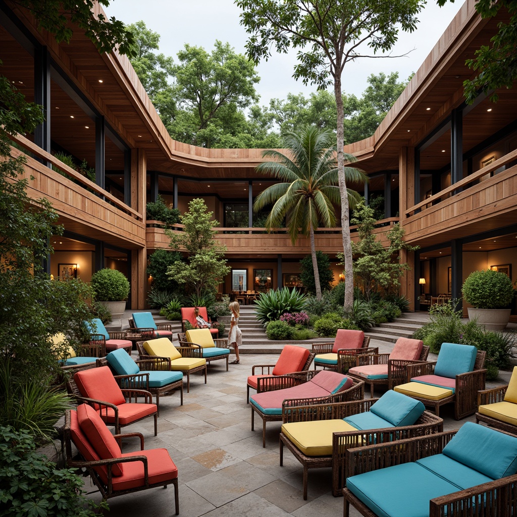 Prompt: Vibrant amphitheater, eclectic seating arrangement, colorful mismatched chairs, wooden benches, plush cushions, ornate metal frames, asymmetrical layout, curved rows, tiered seating, lush greenery, tropical plants, natural stone walls, rustic wooden accents, industrial metal beams, reclaimed wood details, warm string lighting, soft focus photography, shallow depth of field, 2/3 composition, atmospheric perspective.