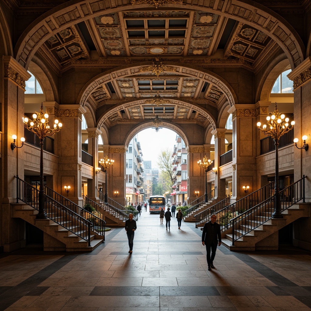 Prompt: Grandiose bus station, symmetrical architecture, ornate details, sweeping arches, grand staircases, intricate moldings, marble floors, gilded accents, dramatic chandeliers, high ceilings, classical columns, imposing entrance gates, urban cityscape, busy streets, morning commute, soft warm lighting, shallow depth of field, 1/1 composition, central perspective, realistic textures, ambient occlusion.