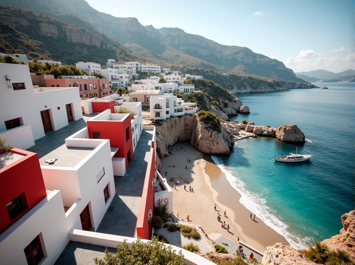 Prompt: Vibrant red accents, crisp white buildings, rugged coastal cliffs, sandy beaches, clear blue waters, nautical ropes, wooden docks, seaside promenades, salty sea air, warm sunny day, soft natural lighting, shallow depth of field, 1/2 composition, realistic textures, ambient occlusion.