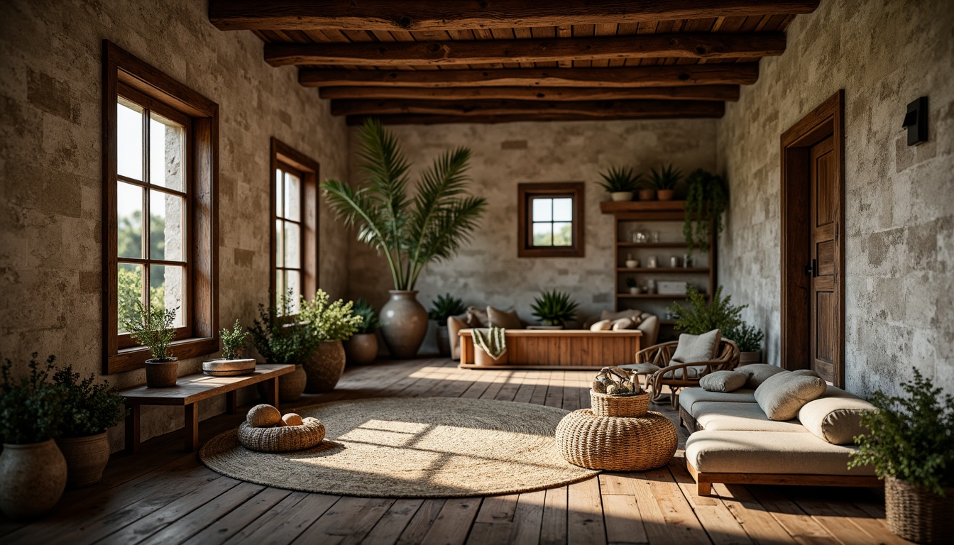 Prompt: Weathered wooden planks, rough-hewn stone walls, rusty metal accents, vintage distressed finishes, earthy color palette, natural textiles, woven fibers, organic patterns, botanical motifs, ambient warm lighting, soft focus, shallow depth of field, 1/1 composition, realistic render, high dynamic range.