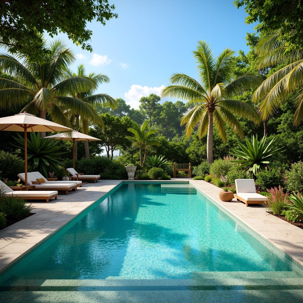 Prompt: Vibrant turquoise pool water, surrounding lush greenery, tropical palm trees, sunny warm atmosphere, natural stone deck, modern pool furniture, sleek glass railings, subtle LED lighting, gentle waterfall feature, serene ambiance, shallow depth of field, 1/2 composition, realistic textures, ambient occlusion.