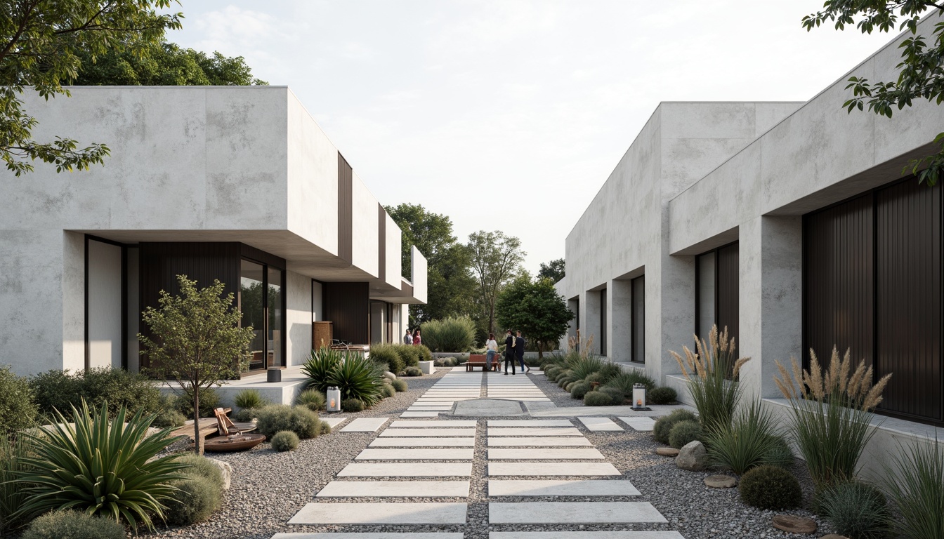 Prompt: Simple modern buildings, clean lines, monochromatic color scheme, concrete walls, steel frames, large windows, minimal ornamentation, natural stone pathways, sparse greenery, succulent plants, gravel gardens, wooden benches, hidden lighting, soft shadows, low-maintenance landscape, 1/1 composition, symmetrical framing, high-contrast textures, subtle ambient occlusion.