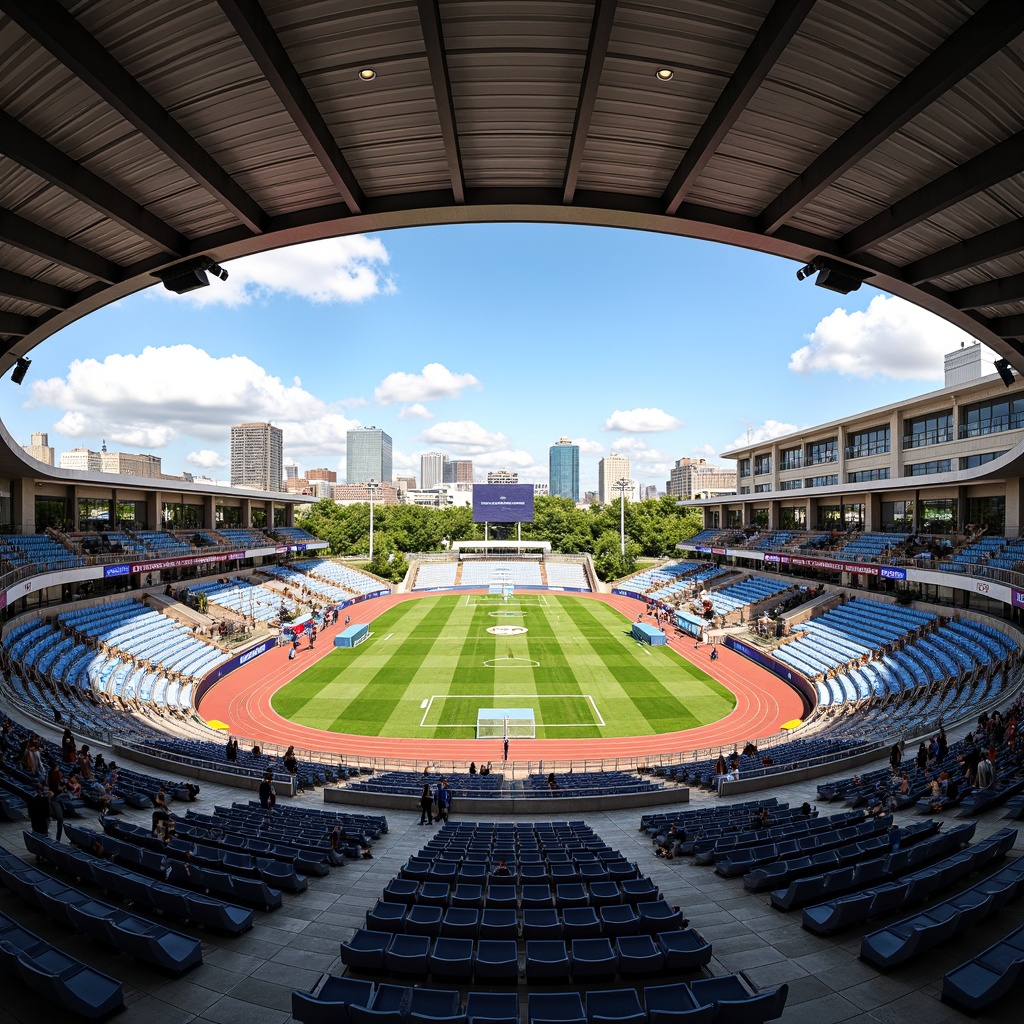 Prompt: Grandstand seating areas, elevated platforms, athletic tracks, soccer fields, basketball courts, tennis courts, Olympic-sized swimming pools, state-of-the-art scoreboards, vibrant team colors, sleek metal railings, polished concrete floors, modern LED lighting systems, open-air concourses, panoramic views of surrounding cityscapes, urban skyscrapers, bustling streets, daytime events, warm sunny weather, soft natural light, shallow depth of field, 2/3 composition, dynamic camera angles, realistic crowd simulations, ambient occlusion.