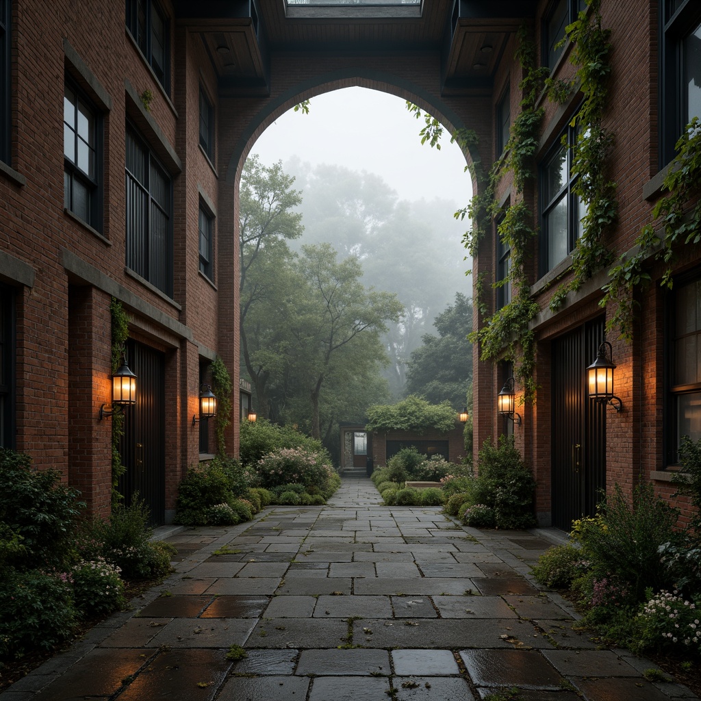 Prompt: Rustic warehouse, Gothic architecture, exposed brick walls, industrial metal doors, ornate stone carvings, mysterious lanterns, overgrown ivy, crumbling stonework, moss-covered paths, foggy morning, soft diffused lighting, shallow depth of field, 2/3 composition, symmetrical framing, warm color palette, realistic textures, ambient occlusion.