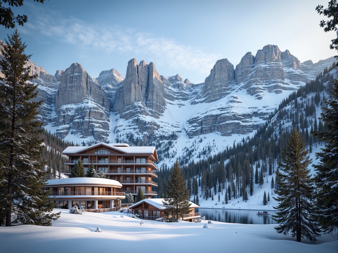 Prompt: Snow-capped mountains, frozen lakes, pine tree forests, ski lifts, mountainous terrain, rugged rock formations, wooden chalets, modern ski center architecture, large windows, panoramic views, rustic stone walls, wooden beams, cozy fireplaces, warm ambient lighting, soft snowfall, misty atmosphere, 1/2 composition, natural textures, atmospheric perspective.