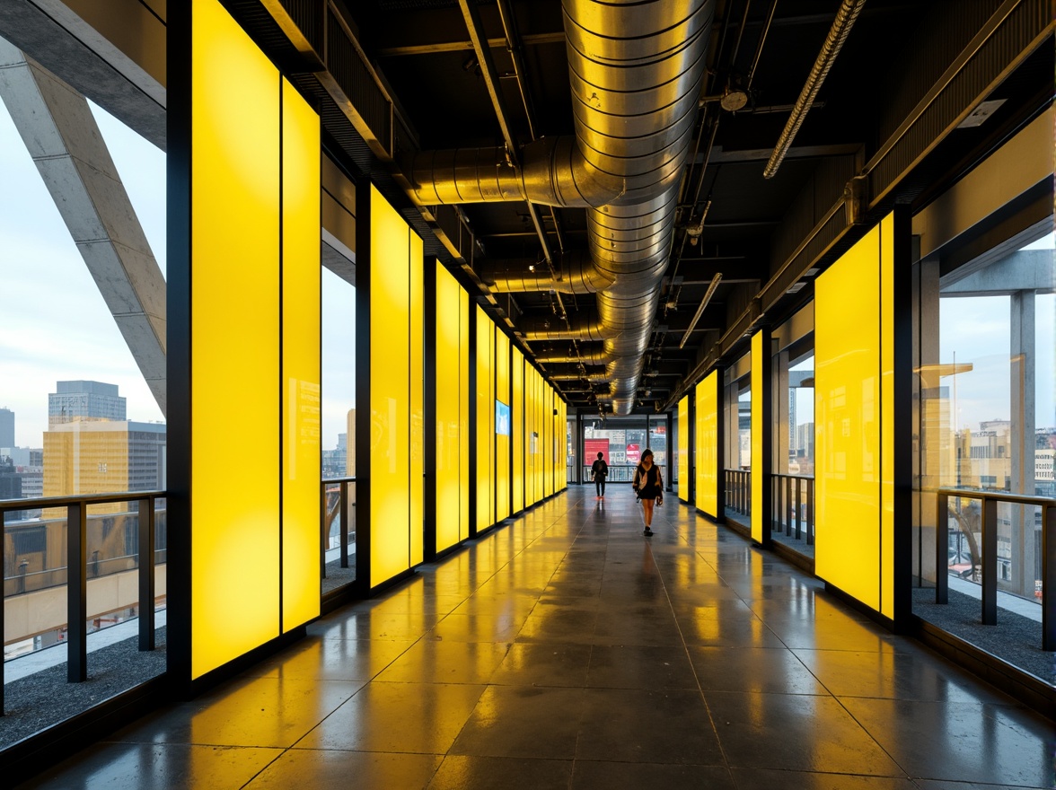 Prompt: Vibrant yellow accents, bold black outlines, stark white backgrounds, contrasting rectangular forms, dynamic diagonal lines, abstract geometric patterns, industrial materials, exposed ductwork, metallic surfaces, neon light installations, urban cityscape, dramatic shadows, high-contrast lighting, 3/4 composition, low-angle shot, cinematic atmosphere, futuristic ambiance.