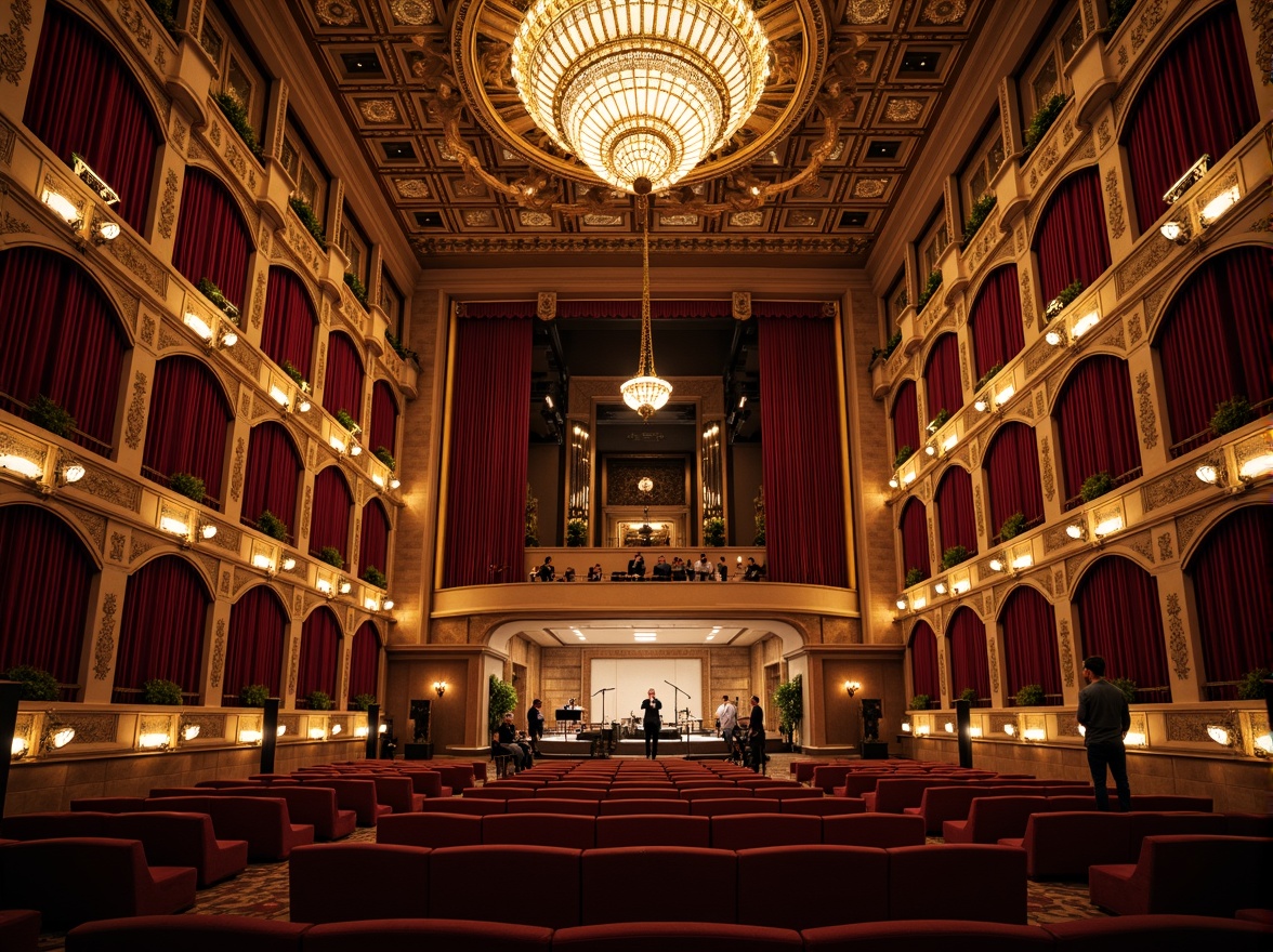 Prompt: Ornate concert hall, intricately carved wooden panels, gilded details, velvet drapes, grand chandeliers, richly upholstered seats, acoustic soundproofing, absorbent materials, curved lines, golden accents, luxurious ambiance, warm soft lighting, shallow depth of field, 1/1 composition, realistic textures, ambient occlusion.