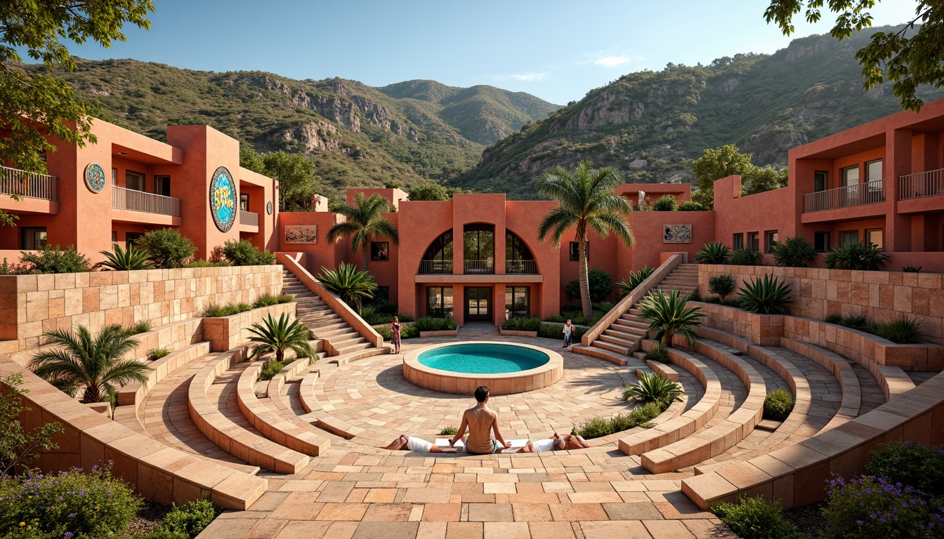 Prompt: Vibrant amphitheater, eclectic architecture, bold color palette, warm earthy tones, terracotta reds, sandy beiges, deep blues, emerald greens, golden yellows, rustic stone walls, ornate metal details, intricate mosaics, lush greenery, natural landscapes, sunny day, soft warm lighting, shallow depth of field, 3/4 composition, panoramic view, realistic textures, ambient occlusion.