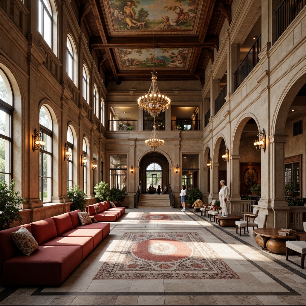 Prompt: Grand Renaissance-style palazzo, ornate cornices, carved stone facades, high ceilings, spacious grand halls, sweeping staircases, intricately patterned marble floors, lavish chandeliers, arched windows, rustic wooden beams, warm earthy color palette, rich velvet furnishings, ornamental mirrors, classical sculptures, frescoed ceiling art, abundant natural light, soft diffused lighting, shallow depth of field, 2/3 composition, atmospheric perspective, realistic textures, subtle ambient occlusion.