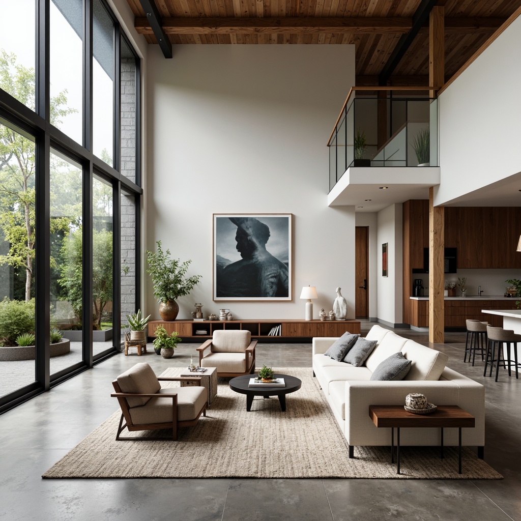 Prompt: Minimalist living room, industrial-chic aesthetic, functional furniture, sleek metal frames, geometric patterns, primary color accents, rectangular shapes, open floor plan, abundant natural light, large windows, sliding glass doors, polished concrete floors, minimalist decor, sparse greenery, modern artwork, abstract sculptures, neutral color palette, warm ambient lighting, shallow depth of field, 3/4 composition, symmetrical arrangement.